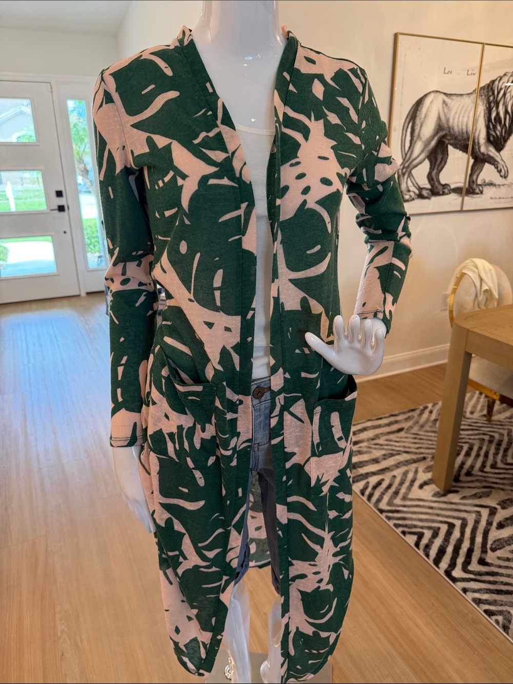 Long Open-Front Duster Cardigan - Green & Pink